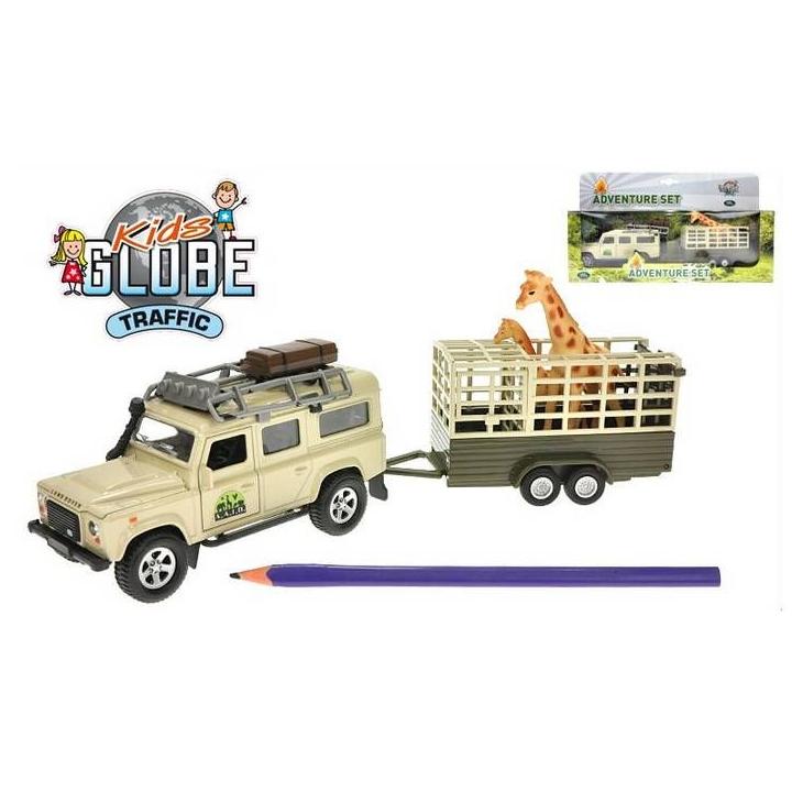 Land Rover Defender 14cm kov zpětný chod s přívěsem 14cm a žirafou v krabičce KIDS GLOBE