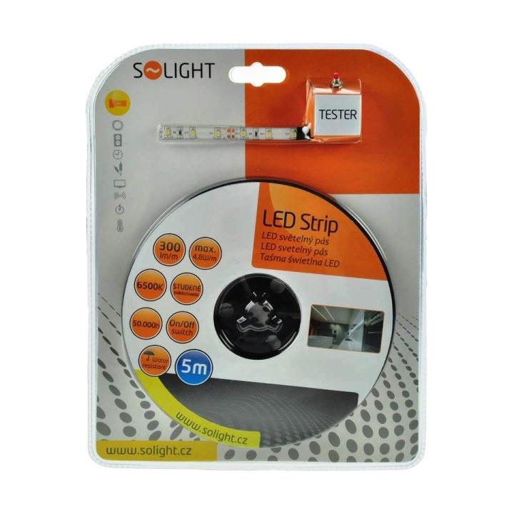 Solight LED světelný pás s testrem, 5m, sada s 12V adaptérem, 4,8W/m, IP65, studená bílá WM50-65T