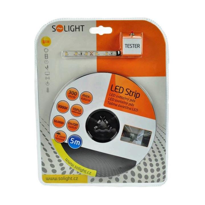 Solight LED světelný pás s testrem, 5m, sada s 12V adaptérem, 4,8W/m, IP65, teplá bílá WM51-65T