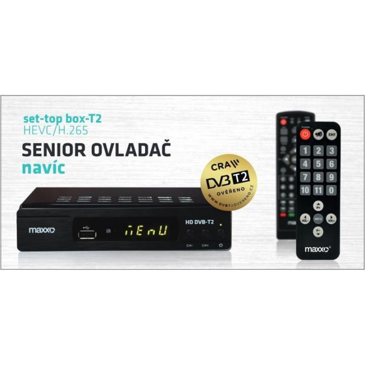 Maxxo STB T2 certifikovaný přijímač DVB-T/T2 + senior ovladač