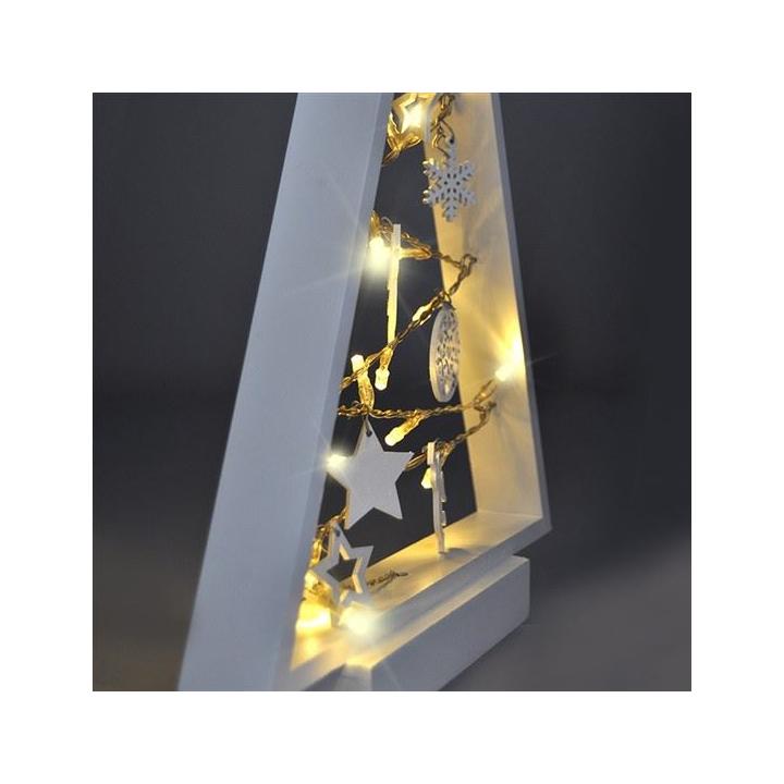 Solight LED dřevěný vánoční stromek s ozdobami, 15LED, přírodní dřevo, 37cm