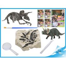 Dinosaurus 12cm a zkamenělina v sádře s dlátem, lupou a štětcem
