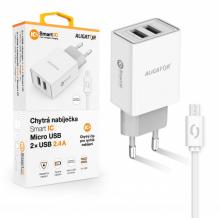 ALIGATOR 2.4A, 2xUSB, smart IC, bílá, Micro USB kabel 2A, Chytrá síťová nabíječka