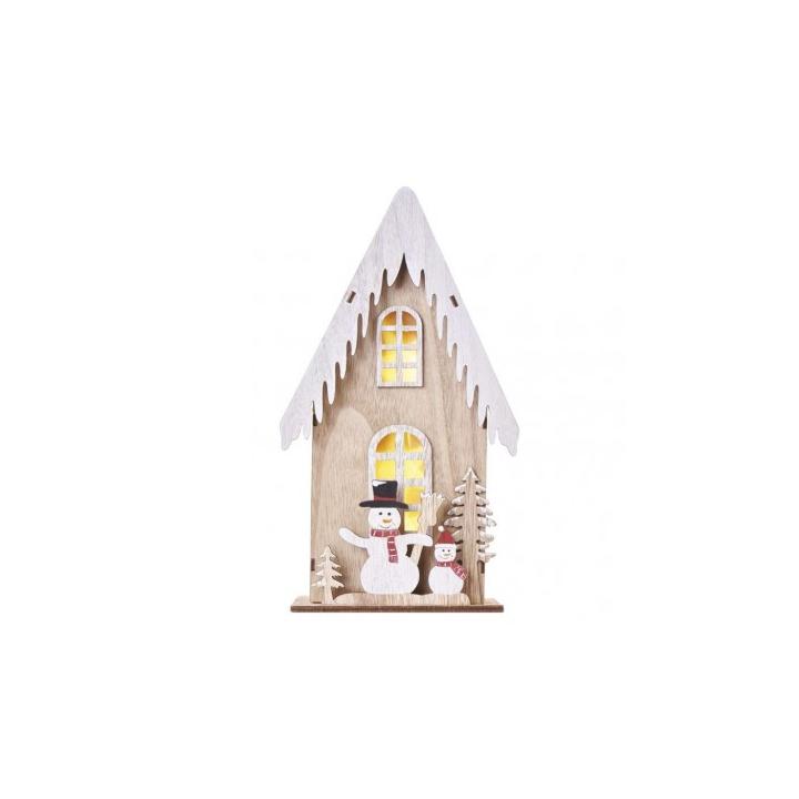 EMOS DCWW18 LED dekorace dřevěná – domek se sněhuláky, 28,5 cm, 2x AA, vnitřní, teplá bílá, časovač