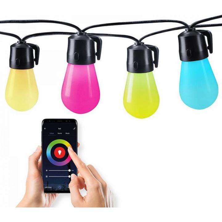 Solight LED smart venkovní řetěz s RGB žárovkami, bluetooth, 15 žárovek, 14m+6m, 10W