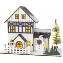 Retlux, Vánoční dekorace DOMEK SE SNĚHULÁKEM RXL 465, dřevo, WW, 7 LED, 2 x LR44