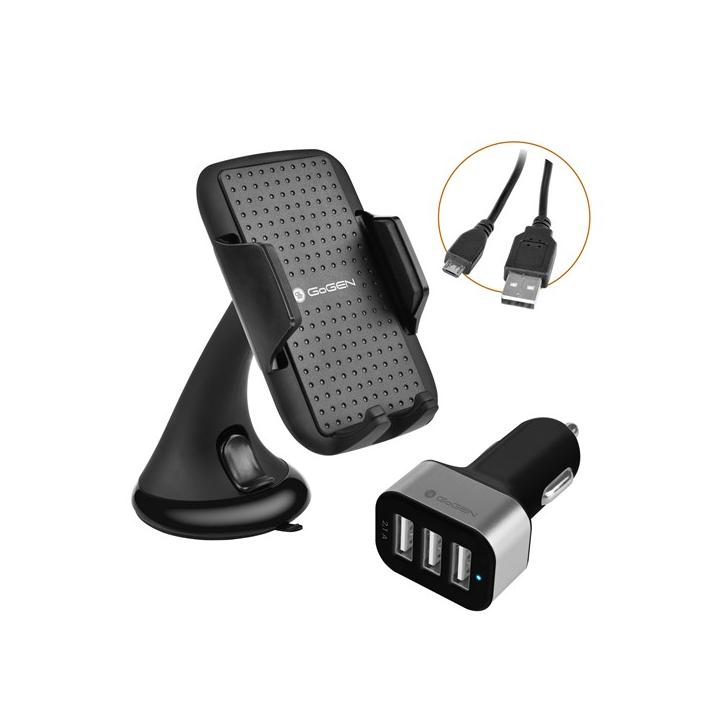 GoGEN 3 v 1, držák na mobil, autonabíječka, mikro USB kabel, kroucený, 1,2m, černá barva Auto SET