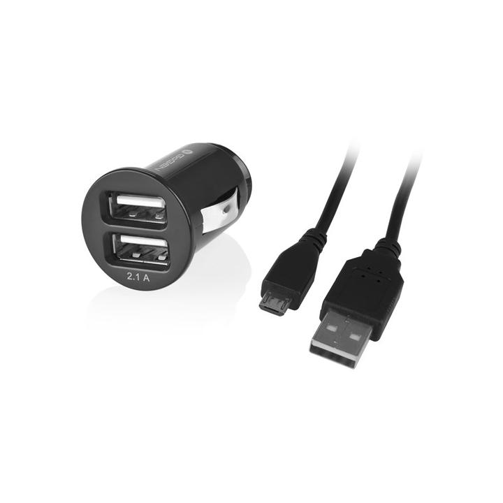 GoGEN CH 22 C, 2x USB + kroucený microUSB kabel 1,2m, černá barva Autonabíječka